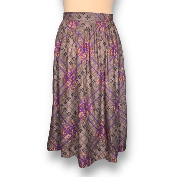 Vintage 90s Rayon Midi Skirt Taupe Purple Paisley Lattice Plaid Print High Waist - Picture 2 of 10
